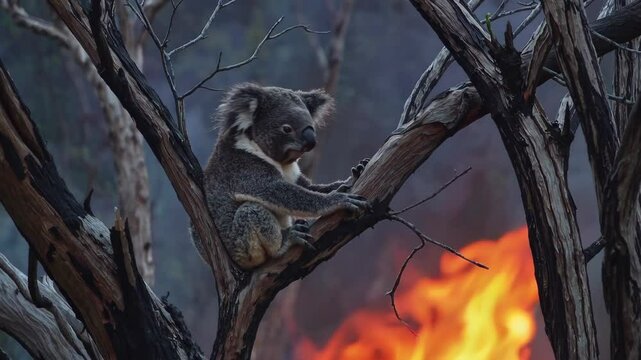  koala clings to a tree branch as a massive wildfire rages in the background, symbolizing the animal&rsquo;s vulnerability and the devastating impact of fire on wildlife.