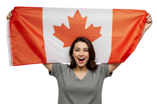 Happy Caucasian woman in her 30s holding Canada national flag