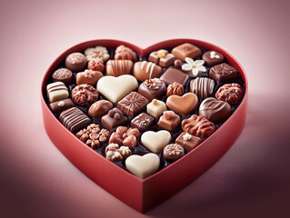 Heart-Shaped Chocolate Box with Assorted Shapes, Colors, Textures, and Flavors on a Solid Pink Background, Perfect for Valentine's Day Gifts and Celebrations.