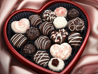 Heart-Shaped Chocolate Box with Assorted Shapes, Flavors, and Textures on Soft Pink Velvet Fabric, Perfect for Valentine's Day Gifts.