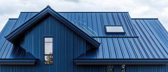 Modern blue metal roof and siding with dormer and skylight.