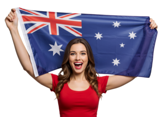Caucasian woman in her 20s rising Australia national flag and smiling at camera