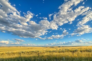 Obraz premium Golden prairie landscape under a vast blue sky with scattered fluffy clouds.