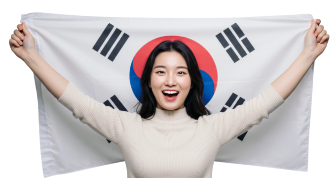 Happy South Korean woman rising her national flag with joy