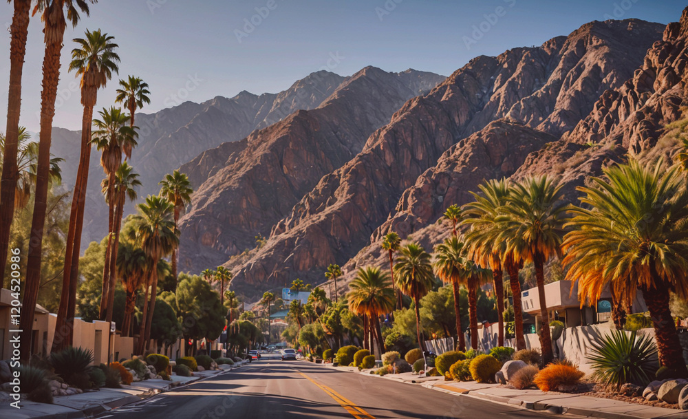 Aufkleber street with palm trees and a mountain in the background. the street is lined with houses and palm tr