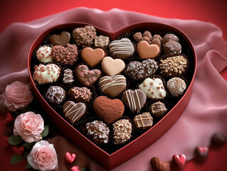 Heart-Shaped Chocolate Box with Assorted Flavors and Textures on Soft Pink Velvet, Adorned with Chocolates and Roses, Perfect for Valentine's Day.