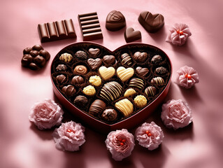 Luxury Heart-Shaped Chocolate Box with Premium Assorted Chocolates in Colors, Flavors, and Designs on an Elegantly Decorated Pink Background, Perfect for Valentine's Day Gifts