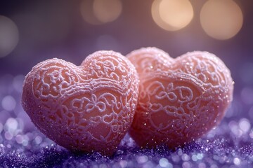 Two pink heart-shaped candies on a deep purple background, perfect for Valentine's Day or any romantic occasion