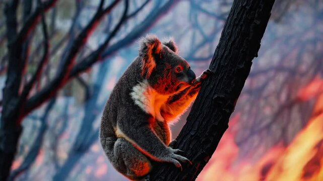 A koala perched on a tree, with the fire's intense glow reflecting on its fur, highlighting the contrast between the animal's calm demeanor and the surrounding wildfire