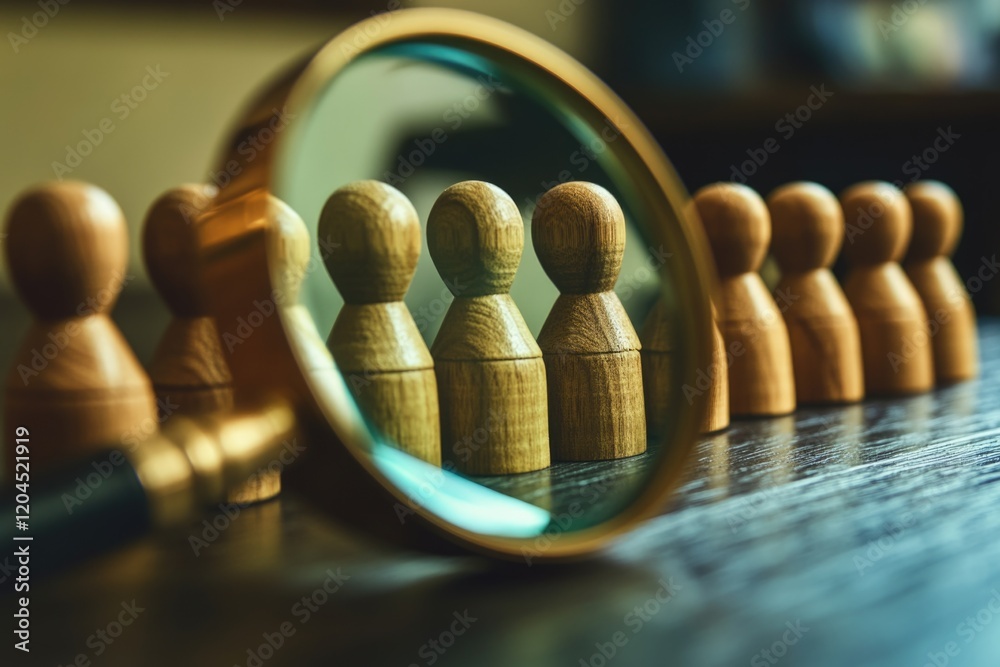 Poster A group of wooden mannequins standing in front of a magnifying mirror