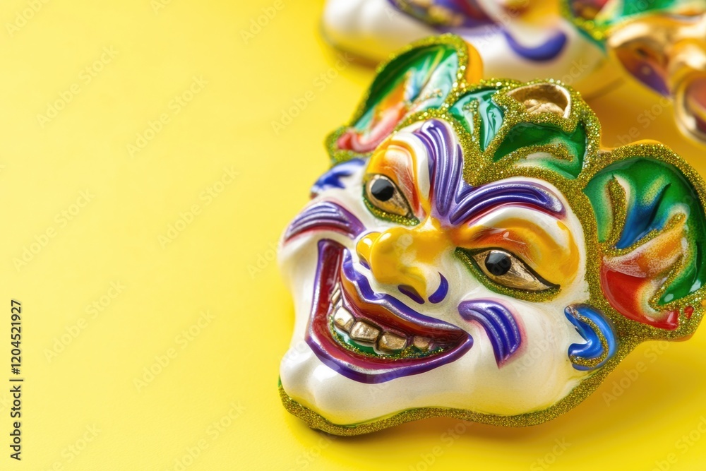 Poster a close-up view of a colorful clown mask on a bright yellow background, ideal for illustrations and 