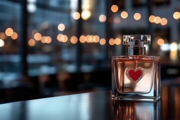 A charming perfume bottle featuring a striking heart motif sits beautifully on a dark surface, surrounded by warm bokeh lights that enhance its luxurious appeal.