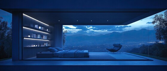 Obraz premium Modern bedroom with panoramic night view.