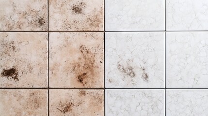 A top-down view comparing dirty, stained grout lines on the left with spotless, white grout on the right after deep cleaning.