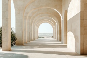 A sunlit colonnade with arched passageways leads to a distant desert landscape.
