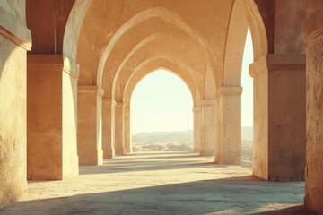 Sunlit arcade with arched passageways opens to a desert vista, offering a serene and ancient atmosphere.