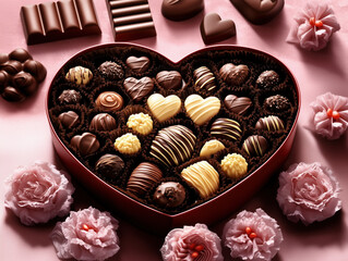Luxury Heart-Shaped Chocolate Box with Premium Assorted Chocolates in Colors, Flavors, and Designs on an Elegantly Decorated Pink Background, Perfect for Valentine's Day Gifts