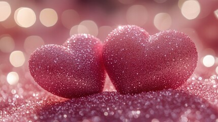Two heart-shaped pink glittered hearts on a pink background, perfect for Valentine's Day or any romantic occasion