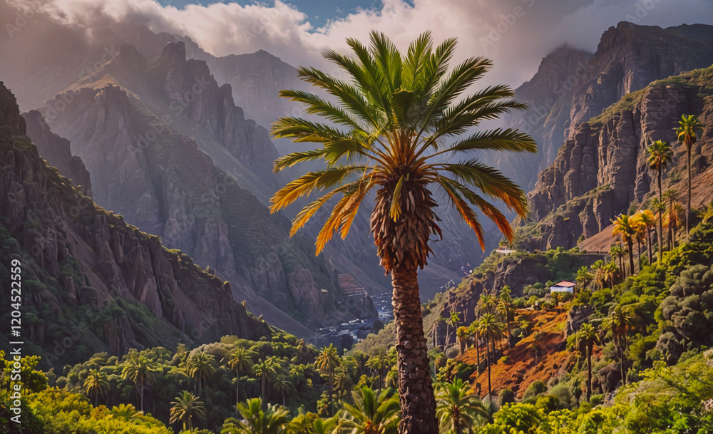 Aufkleber Palm tree stands in the middle of a lush green valley. The mountains in the background create a sense of depth and tranquility