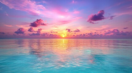 Obraz premium Vibrant sunset over calm ocean, tropical paradise. Ideal for travel brochures