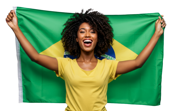 Joyful woman with afro hair holding Brazilian flag - Powered by Adobe