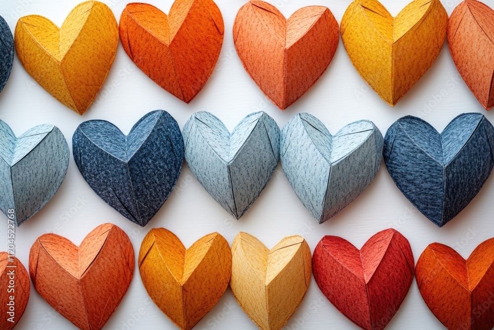 Poster A collection of colorful paper hearts lined up in a row