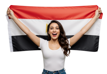 Excited woman holding with proud the national flag of Egypt