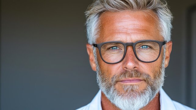Mature man, serious expression, indoor portrait, gray background, professional headshot