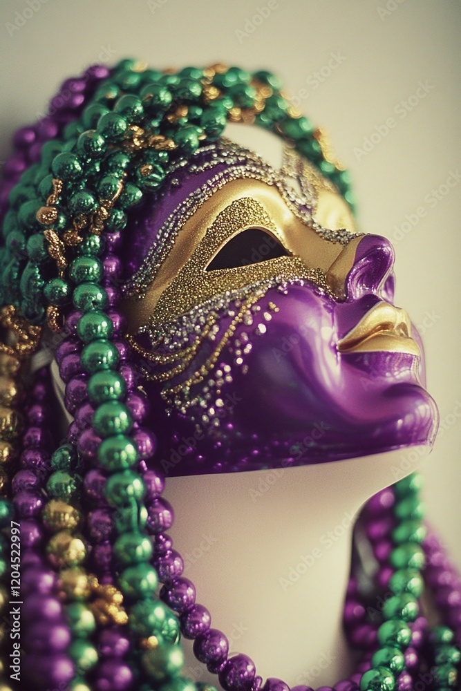 Poster close-up view of a decorative mask with beads surrounding the face