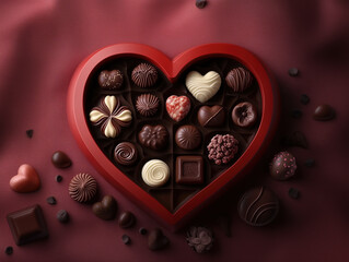 Heart-Shaped Chocolate Box with Assorted Shapes, Flavors, and Textures on Soft Pink Velvet, Adorned with Chocolates, Perfect for Valentine's Day Gifts.