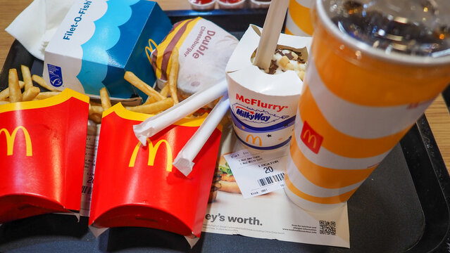 Mcdonald's fries and double cheese burger on a tray with a McFlurry 