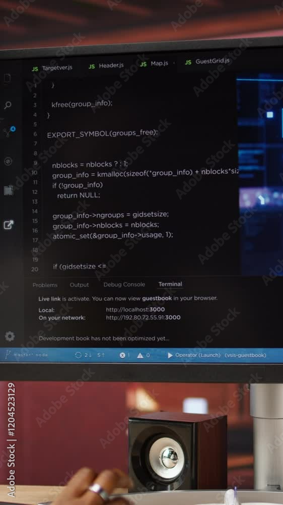 Fototapete vertical video it engineer drinking coffee, using computer at home for artificial intelligence compu