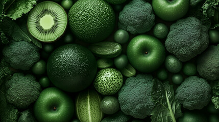 Banner with green fruits and vegetables, monochrome green pattern, close-up, top view, contrast background