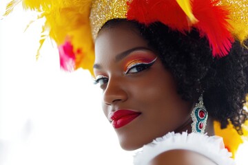 Fototapeta premium A woman wearing bright makeup and a feathered headdress, great for cultural or artistic themed projects