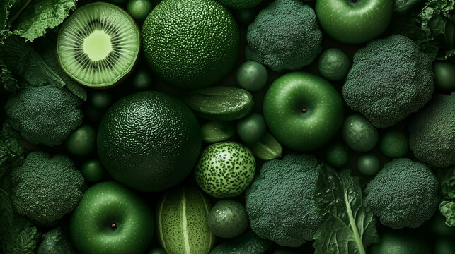Banner with green fruits and vegetables, monochrome green pattern, close-up, top view, contrast background