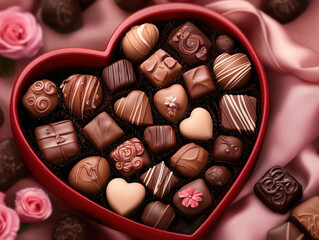 Heart-Shaped Chocolate Box with Assorted Flavors and Textures on Soft Pink Velvet, Adorned with Chocolates and Roses, Perfect for Valentine's Day.