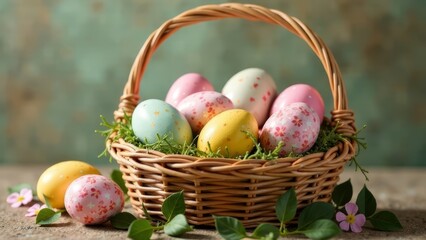 wicker basket with easter eggs pastel colors on the light green background, postcard
