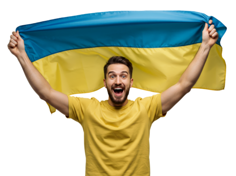 Excited man in his 30s raising Ukraine flag with proud and happiness