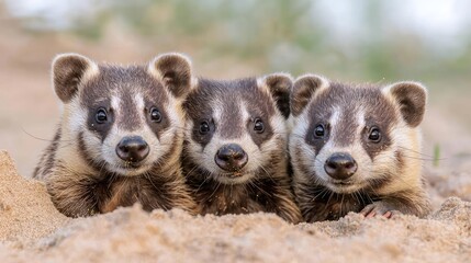 Obraz premium Three baby badgers peeking from burrow, wildlife, nature