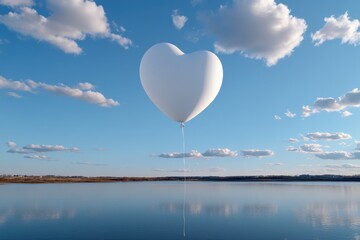 Fototapeta premium A pristine white heart-shaped balloon elegantly floats over tranquil waters, embodying peace, love, and freedom under a stunning blue sky filled with soft clouds.