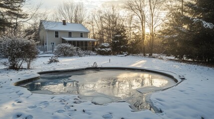 Partially Frozen Outdoor Pool at Rural Home With Snow Covered Ground and Trees in Winter Season
