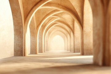 Obraz premium A long corridor with arched ceilings and beige walls bathed in sunlight, creating a serene atmosphere.