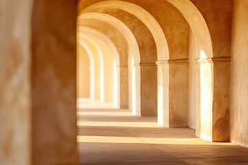 Sunlit archway corridor, showcasing repeating arches and warm-toned walls creating a serene atmosphere.