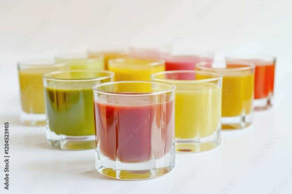 Poster a collection of glasses containing variously colored substances, suitable for use in science, chemis