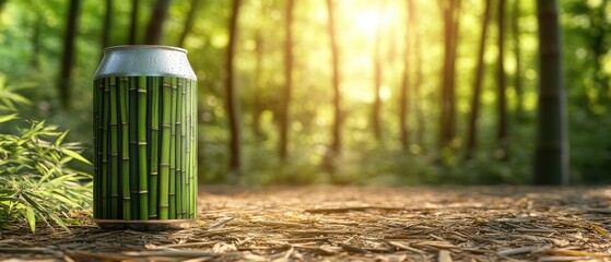 Bamboo-designed aluminum can in a forest.