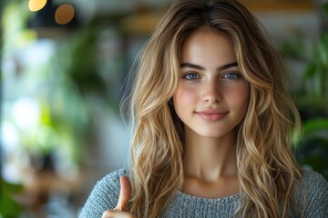 A happy young woman gives a thumbs up in a bright and cheerful scene