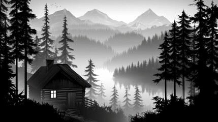 A serene black-and-white landscape depicting a cabin surrounded by mountains and trees, evoking feelings of tranquility and solitude in nature's embrace.