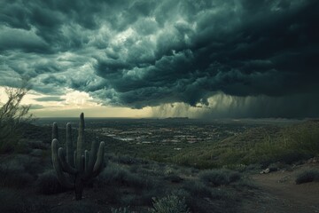 A dramatic desert landscape with a massive thunderstorm looming over a city, cacti in the foreground.
