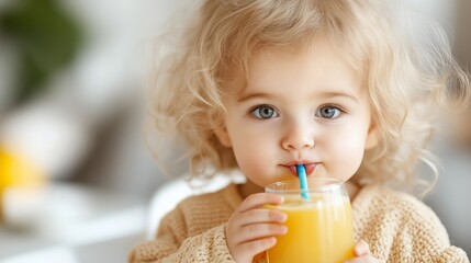 Adorable child with curly hair sipping orange juice through a straw, enjoying a healthy drink in natural light.