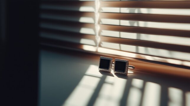 Elegant cufflinks rest on a windowsill, bathed in sunlight filtering through blinds.